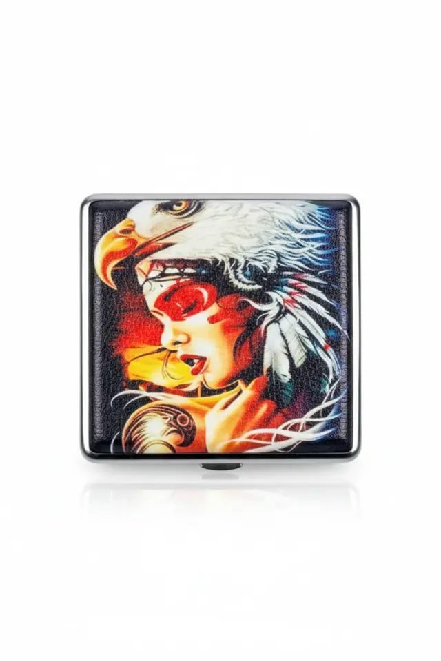 Native Kartal ve Kadın Figürlü Retro Çift Taraflı Deri Baskılı Metal Sigara Tabakası