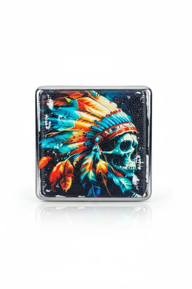 Neon Renkli Kurukafa ve Tüy Başlıklı Metal Sigara Tabakası