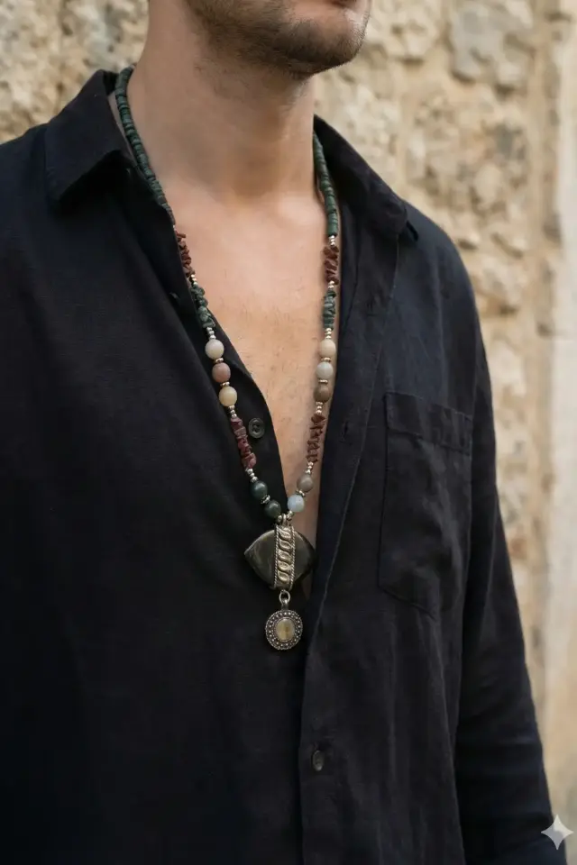 Gümüş Sarımlı Mekik Objeli Etnik Erkek Kolye - Turkuaz ve Mercan Detaylı