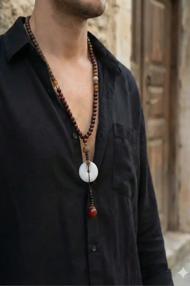 Doğal Taş Boncuklu Etnik Özel Tasarım Uzun Kolye – Bohem Erkek Kolye
