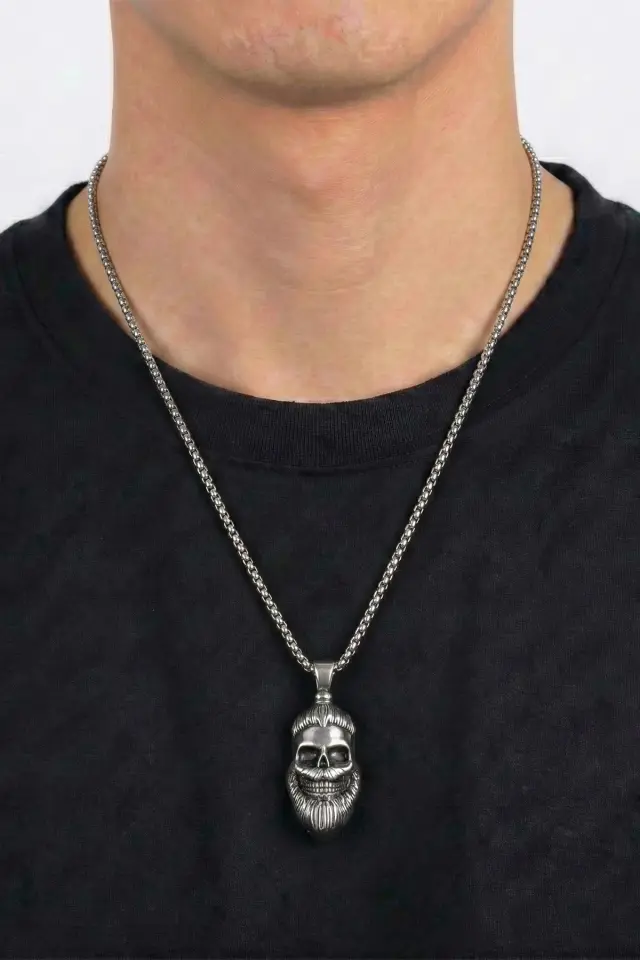 Gotik Sakallı Viking Kurukafa Erkek Çelik Gotik Kolye