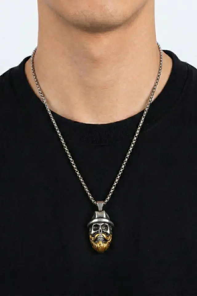 Erkek Çelik Şapkalı Sakallı Kurukafa Gotik Kolye