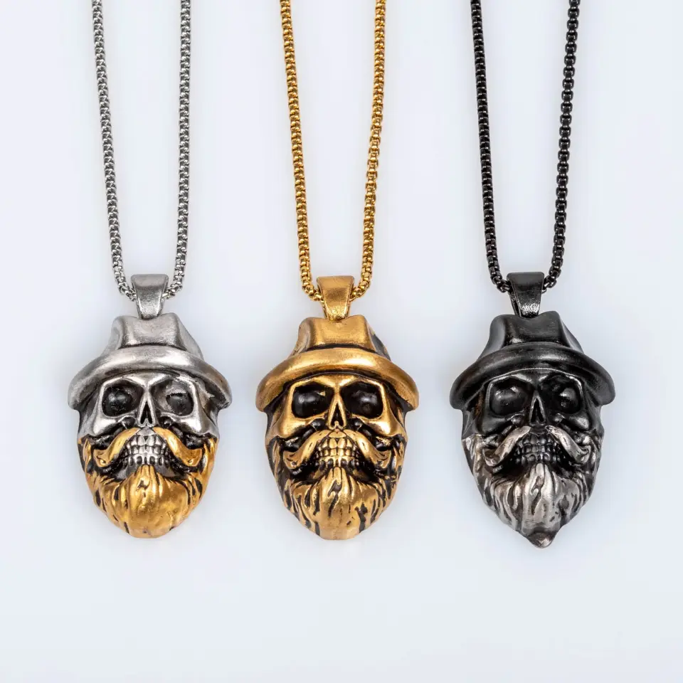 Erkek Çelik Şapkalı Sakallı Kurukafa Gotik Kolye