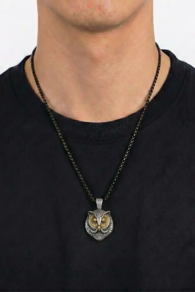 Baykuş Figürlü Bilgelik Temalı Erkek Çelik Gotik Kolye