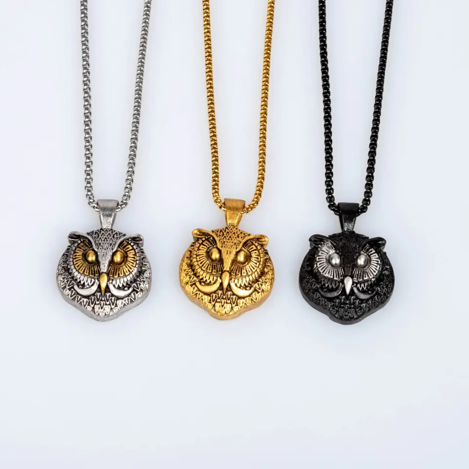 Baykuş Figürlü Bilgelik Temalı Erkek Çelik Gotik Kolye