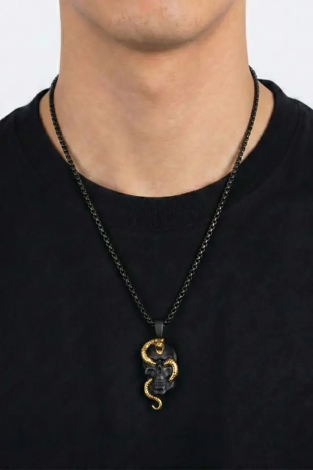 Yılan Sarılı Kurukafa Erkek Çelik Gotik Kolye