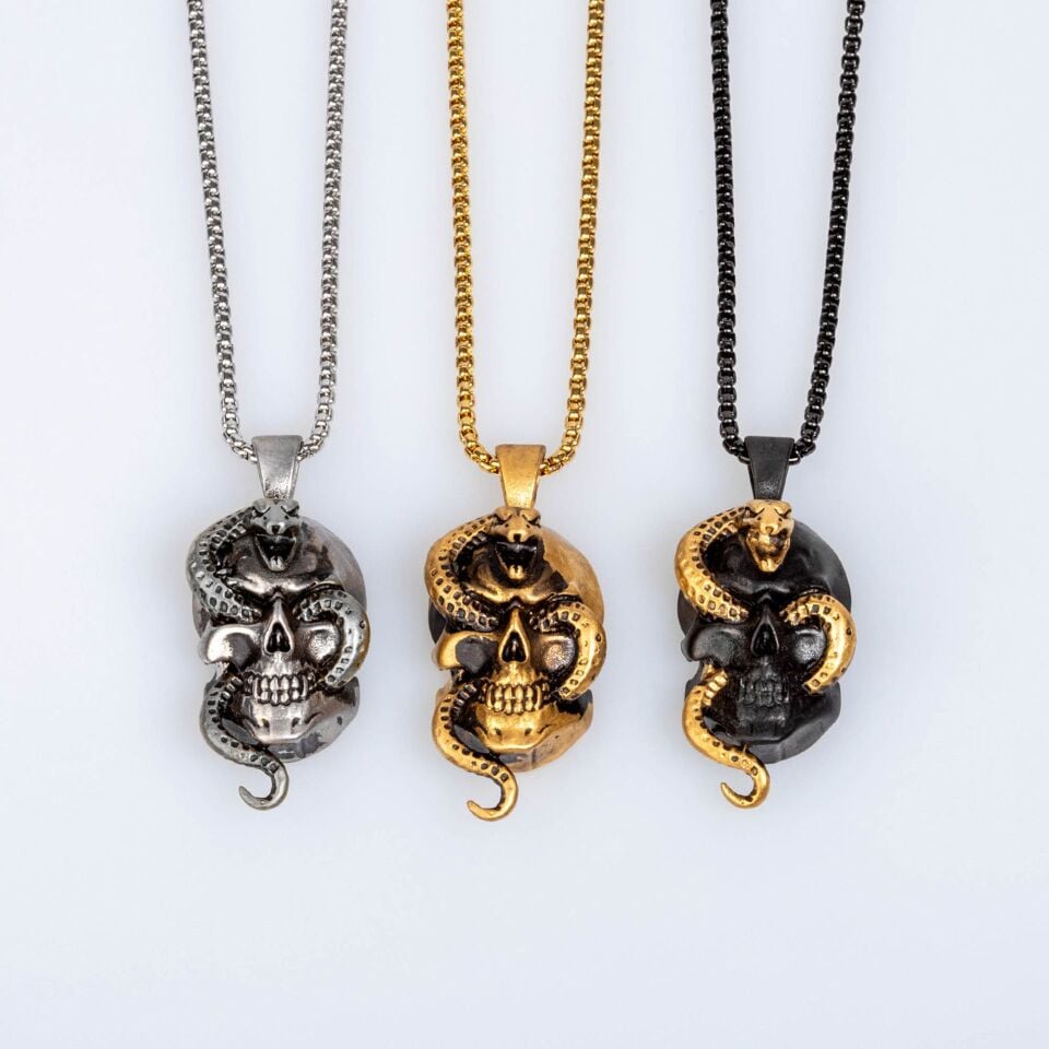 Yılan Sarılı Kurukafa Erkek Çelik Gotik Kolye