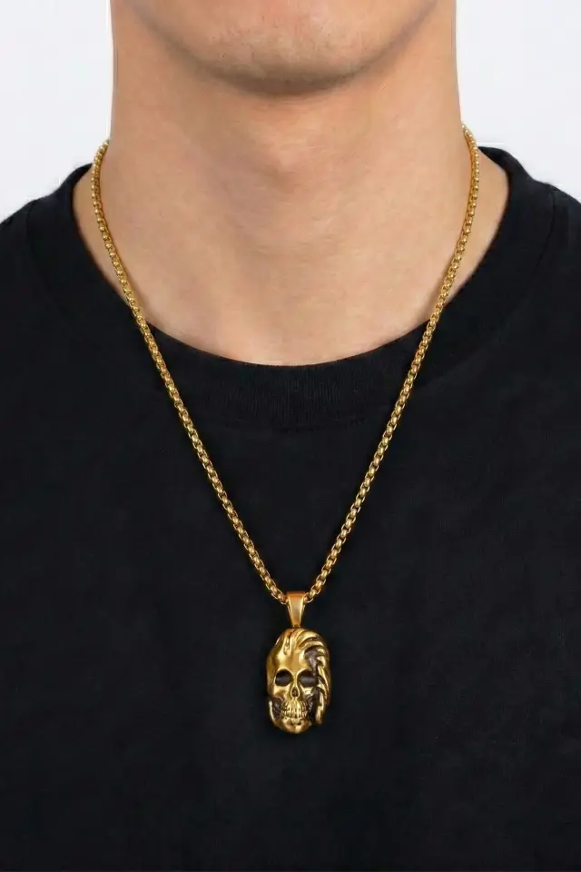 Modern Saç Tasarımlı Kurukafa Erkek Çelik Gotik Kolye