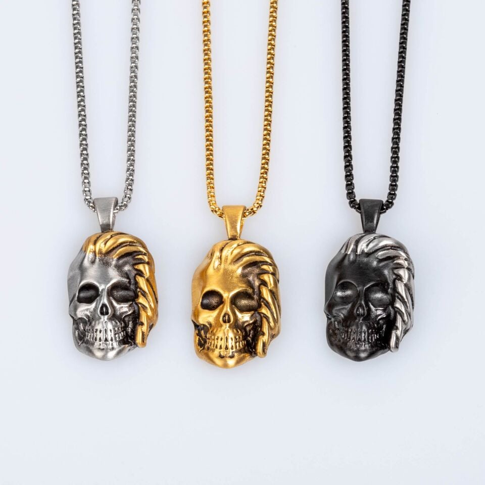 Modern Saç Tasarımlı Kurukafa Erkek Çelik Gotik Kolye