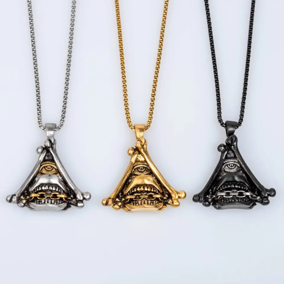 Illuminati Piramit ve Göz Detaylı Erkek Çelik Gotik Kolye