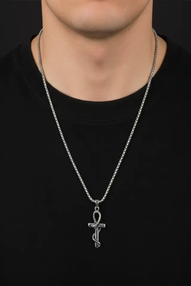 Yılan Figürlü Haç Erkek Çelik Kolye - 316L Paslanmaz Çelik