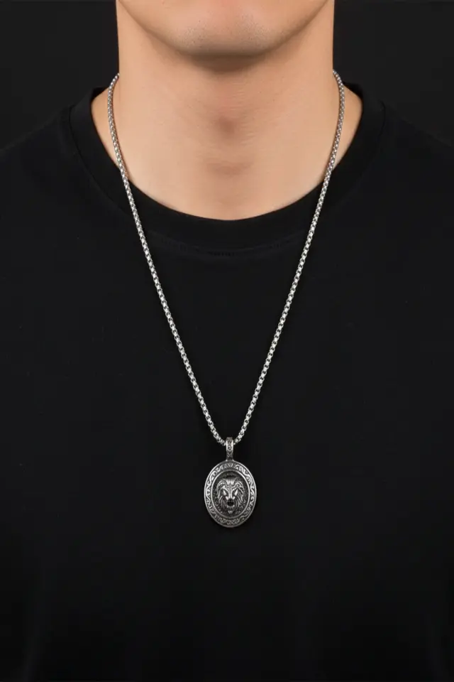 Aslan Figürlü Madalyon 316L Paslanmaz  Erkek Çelik Kolye
