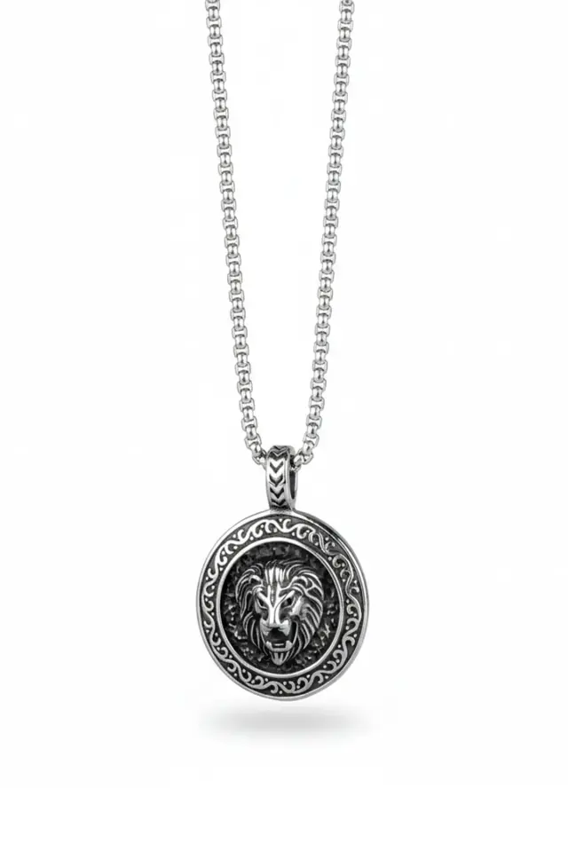 Aslan Figürlü Madalyon 316L Paslanmaz  Erkek Çelik Kolye