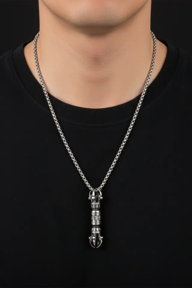 Mistik Vajra Dorje Erkek Çelik Kolye - 316L Paslanmaz Kararmaz Çelik