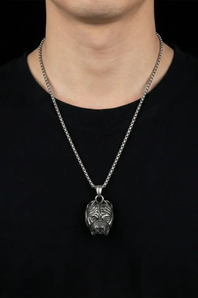 Pitbull Figürlü Maskülen Erkek Çelik Kolye - 316L Paslanmaz Kararmaz Çelik