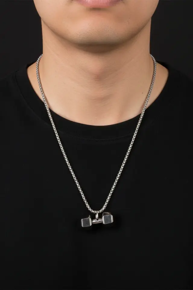 Dambıl Figürlü Sporcu Erkek Çelik Kolye - 316L Paslanmaz Kararmaz Çelik