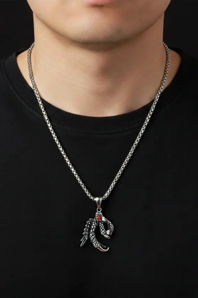 Ejderha Pençesi Kırmızı Taşlı Erkek Çelik Kolye - 316L Paslanmaz Çelik