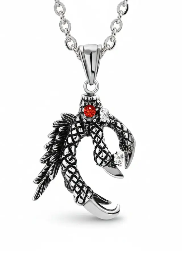 Ejderha Pençesi Kırmızı Taşlı Erkek Çelik Kolye - 316L Paslanmaz Çelik