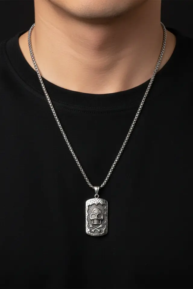 Kurukafa Figürlü Künye Erkek Çelik Kolye - 316L Paslanmaz Kararmaz Çelik