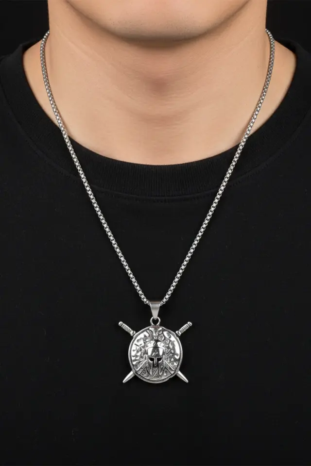 Sparta Kaskı ve Kılıç Figürlü Erkek Kolye - 316L Paslanmaz Çelik