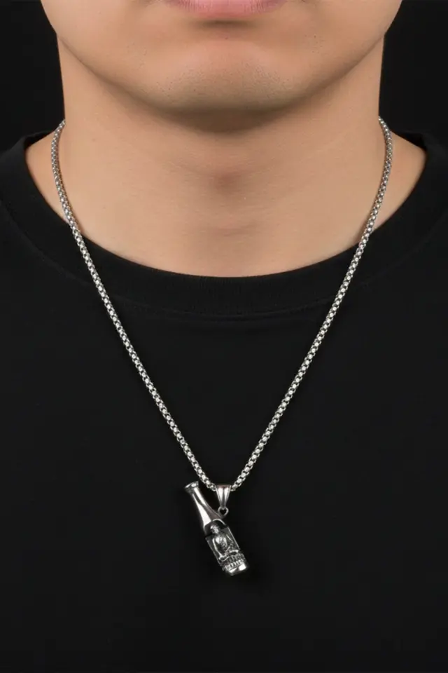 Şişe İçinde Meditasyon Figürlü Erkek Çelik Kolye - 316L Paslanmaz Çelik