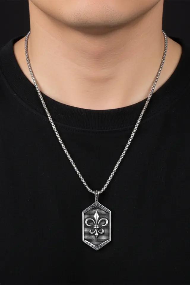 Fleur de Lis Zambak Motifli Erkek Çelik Kolye - 316L Paslanmaz Çelik