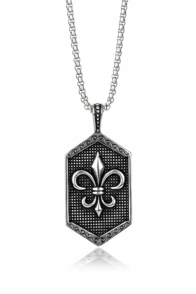 Fleur de Lis Zambak Motifli Erkek Çelik Kolye - 316L Paslanmaz Çelik