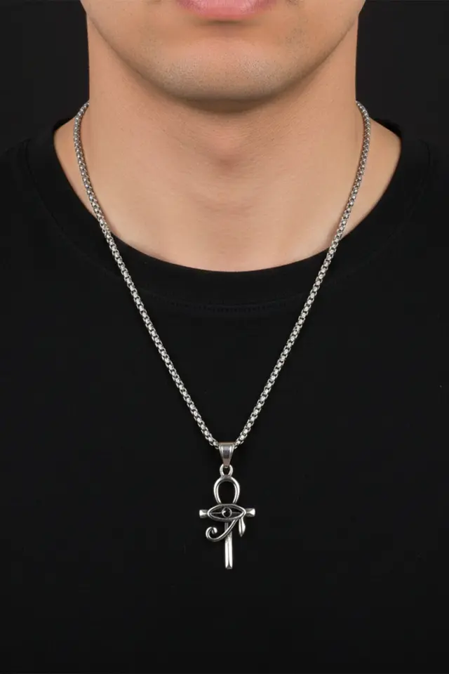 Antik Mısır Ankh ve Horus'un Gözü Erkek Çelik Kolye - 316L Paslanmaz Çelik