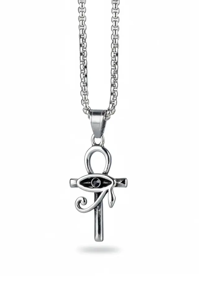 Antik Mısır Ankh ve Horus'un Gözü Erkek Çelik Kolye - 316L Paslanmaz Çelik