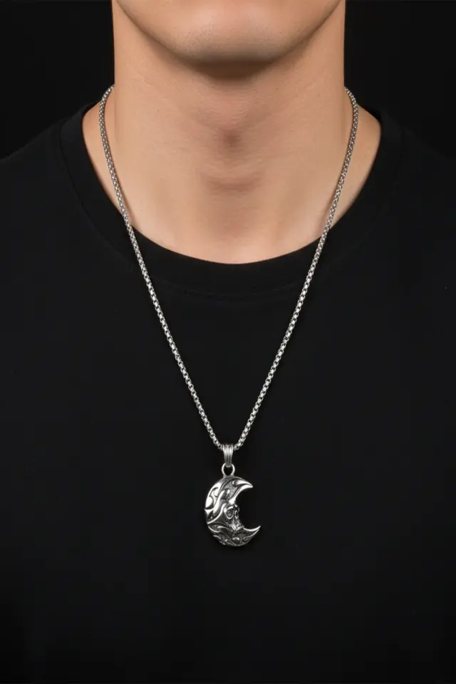 316L Paslanmaz Çelik Gümüş Renk Alevli Ay Kurukafa Erkek Çelik Kolye