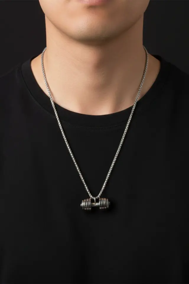 316L Paslanmaz Çelik Gümüş Renk Dambıl Figürlü Erkek Sporcu Kolyesi