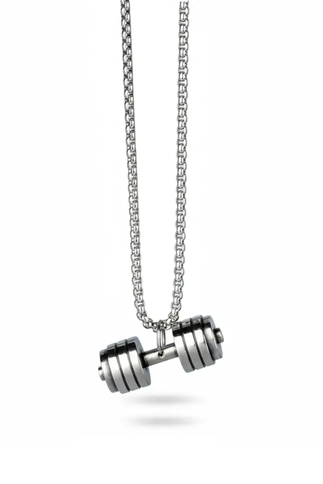 316L Paslanmaz Çelik Gümüş Renk Dambıl Figürlü Erkek Sporcu Kolyesi