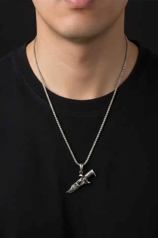 316L Paslanmaz Çelik Kurukafa Detaylı Hançer Bıçak Erkek Çelik Kolye