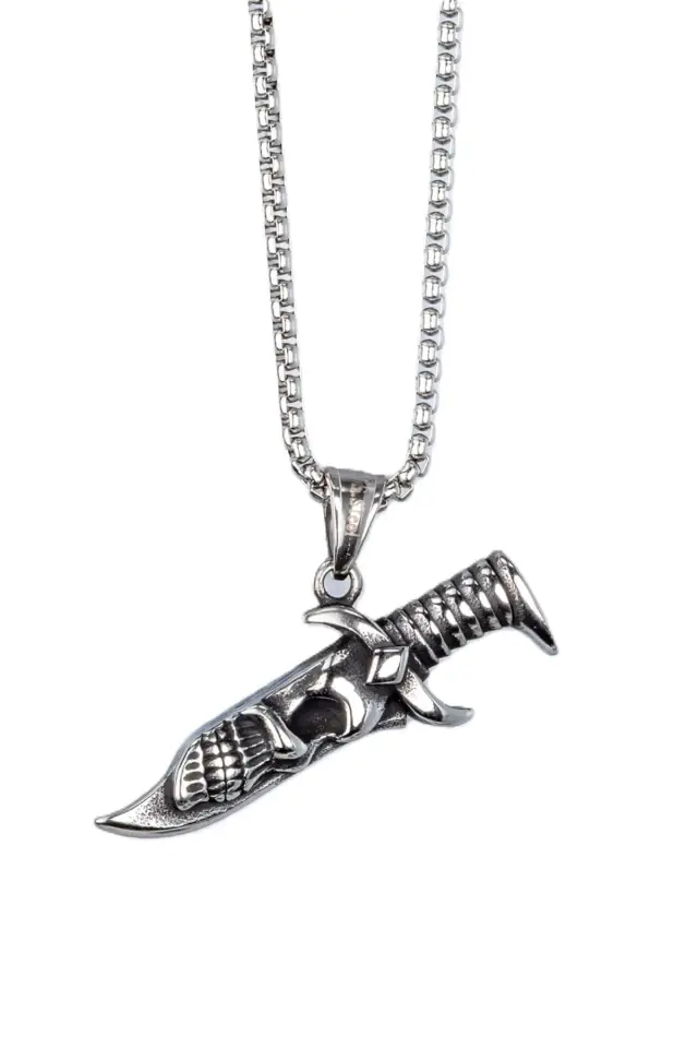 316L Paslanmaz Çelik Kurukafa Detaylı Hançer Bıçak Erkek Çelik Kolye