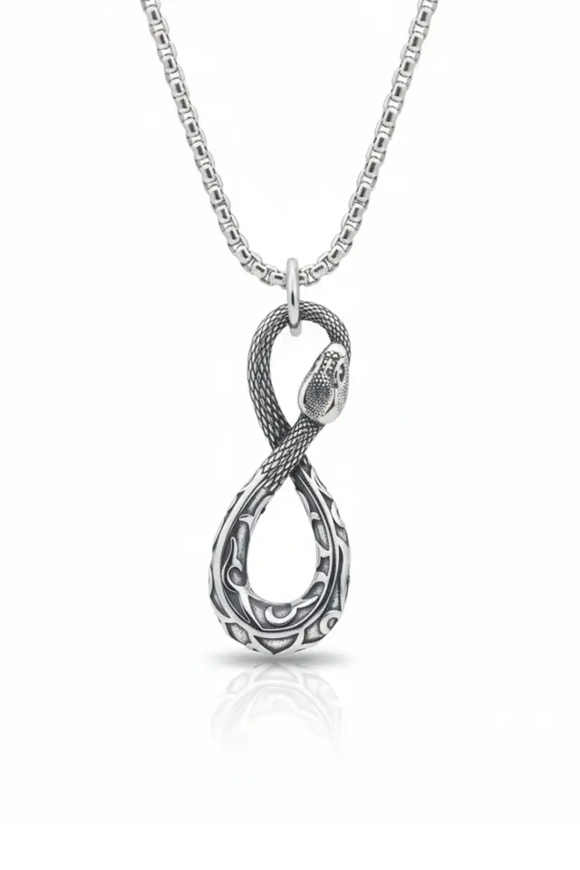 Sonsuzluk Yılan Figürlü Antik Desenli 316L Paslanmaz Erkek Çelik Kolye