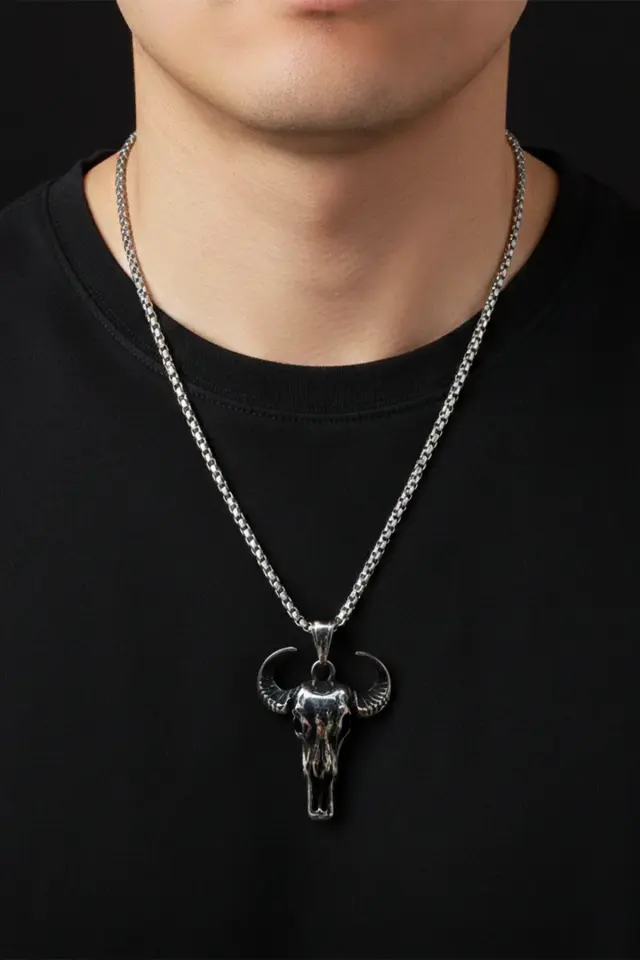 Boğa Kuru Kafası Figürlü Eskitme Tasarım 316L Paslanmaz Erkek Çelik Kolye