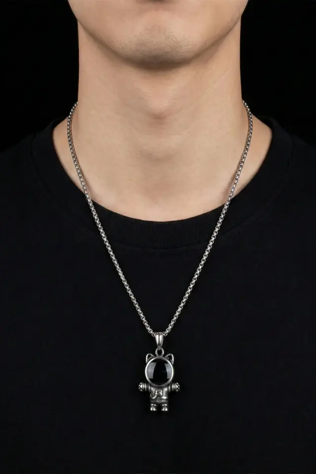 Astronot Kedi Figürlü Siyah Oniks Detaylı 316L Paslanmaz Erkek Çelik Kolye