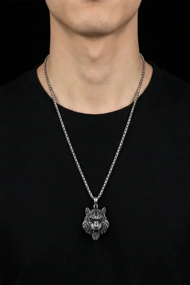 Kaplan Figürlü Antik Desenli 316L Paslanmaz Erkek Çelik Kolye