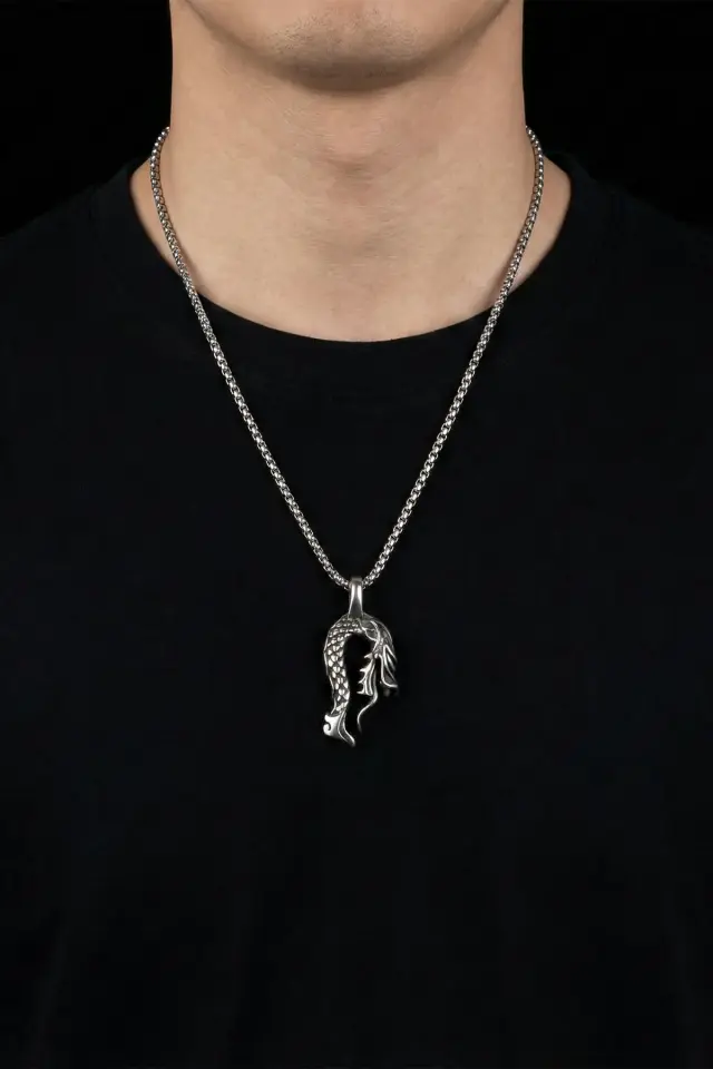 Mistik Ejderha Formlu Balık Pulu Desenli 316L Paslanmaz Erkek Çelik Kolye