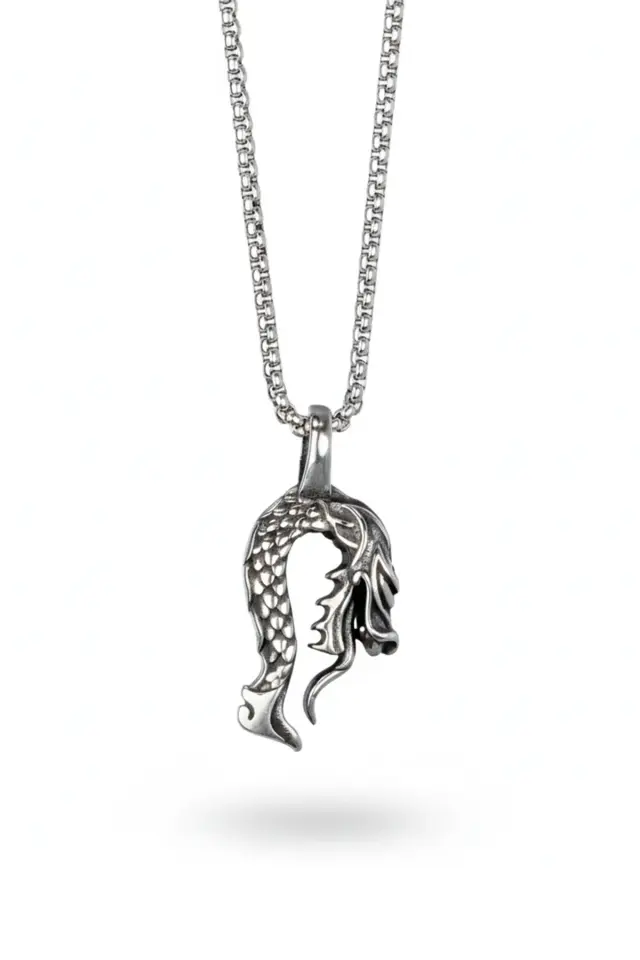 Mistik Ejderha Formlu Balık Pulu Desenli 316L Paslanmaz Erkek Çelik Kolye