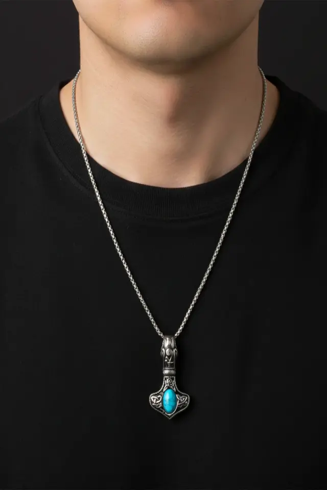 Turkuaz Taşlı Viking Thor 316L Paslanmaz Erkek Çelik Kolye