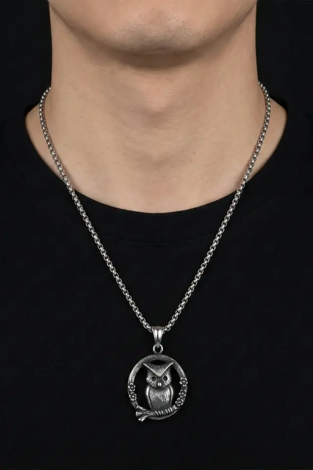Baykuş Figürlü Antik Eskitme 316L Paslanmaz Erkek Çelik Kolye