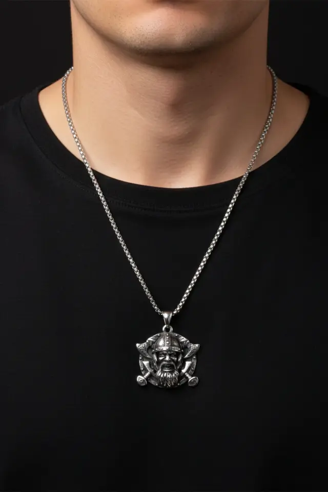 Viking Savaşçı Figürlü Çift Baltalı Eskitme 316L Paslanmaz Erkek Çelik Kolye