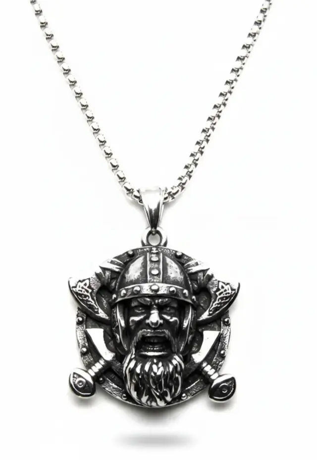 Viking Savaşçı Figürlü Çift Baltalı Eskitme 316L Paslanmaz Erkek Çelik Kolye