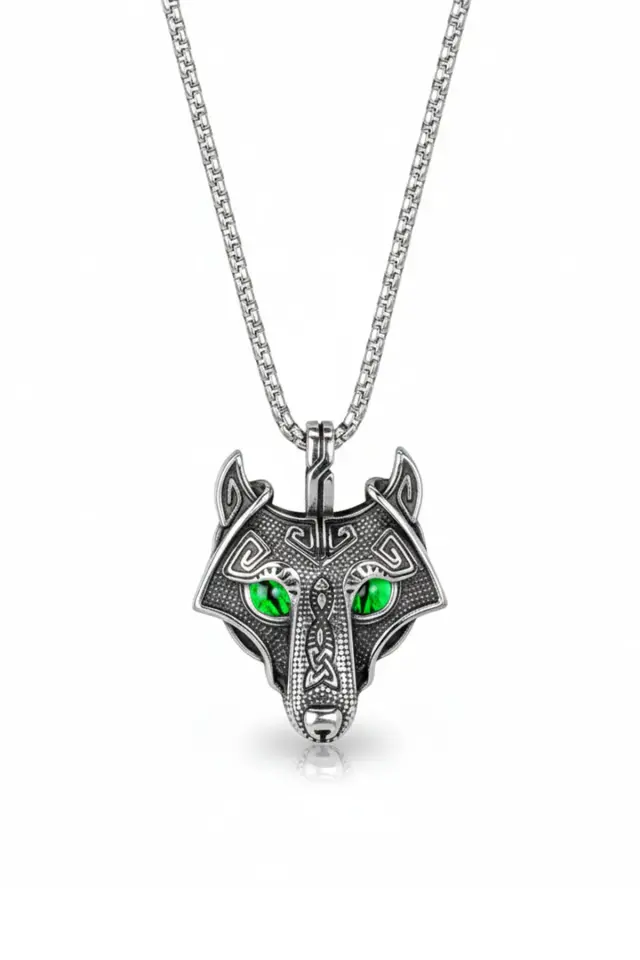 Yeşil Gözlü Kurt Figürlü 316L Paslanmaz Erkek Çelik Kolye