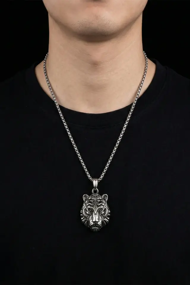 Antik Mühür Formlu Aslan Başı Detaylı 316L Paslanmaz Erkek Çelik Kolye