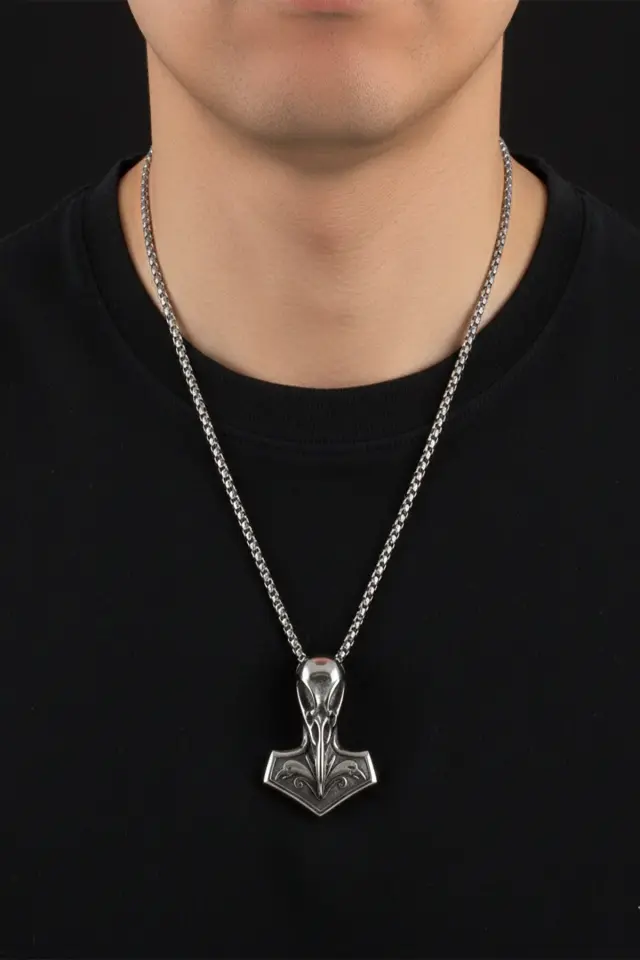 Viking Serisi Kuzgun Motifli Mjölnir Tasarım 316L Paslanmaz Erkek Çelik Kolye