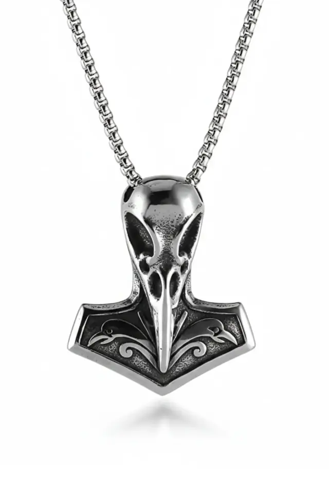 Viking Serisi Kuzgun Motifli Mjölnir Tasarım 316L Paslanmaz Erkek Çelik Kolye