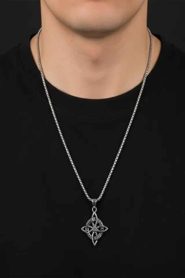 Viking Serisi Valknut ve Runik Alfabe İşlemeli 316L Paslanmaz Erkek Çelik Kolye