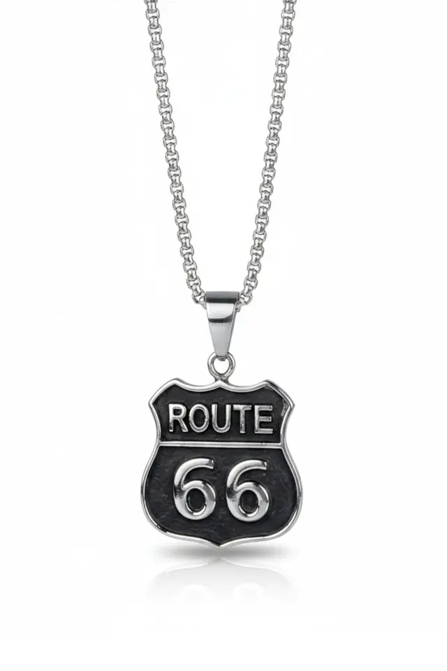 Retro Route 66 Tabela Tasarım Siyah Emaye Detaylı 316L Paslanmaz Erkek Çelik Kolye